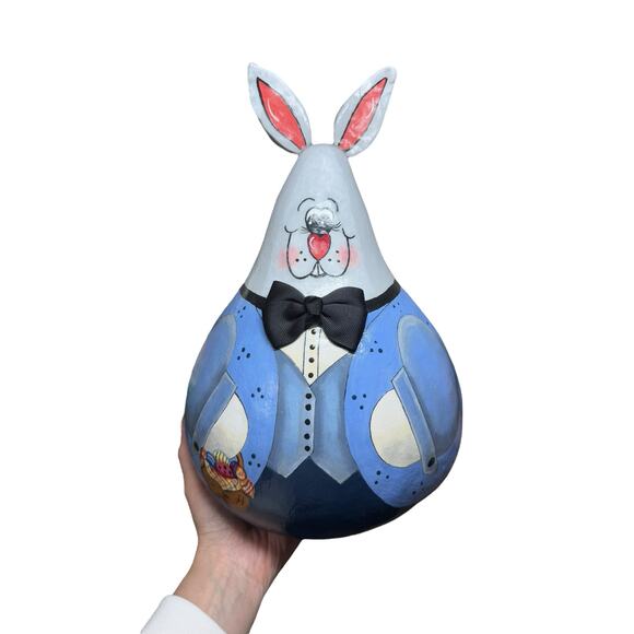 Hand Painted Gourd Bunny Figurine Whimsical Folk Art Easter Rabbit Decor Signed - Picture 1 of 10